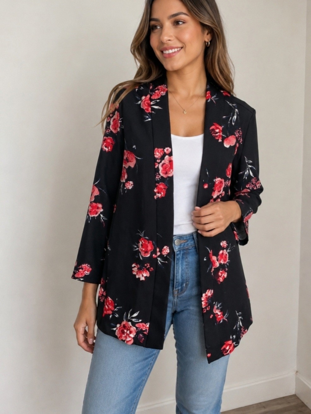 Divided Black Open-Front Blazer with Red Floral Print